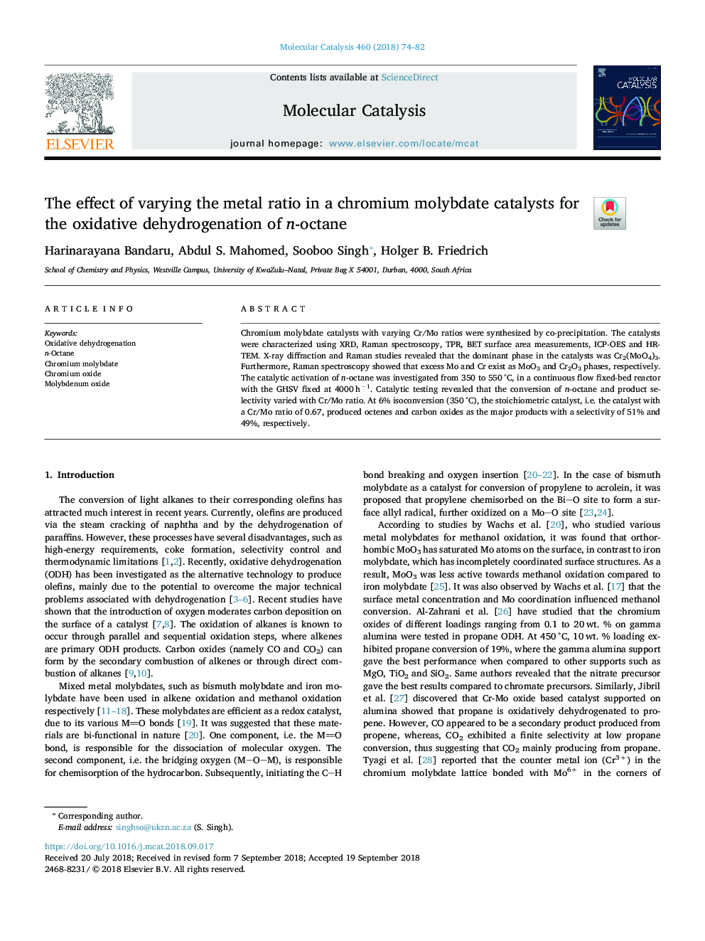 The effect of varying the metal ratio in a chromium molybdate catalysts for the oxidative dehydrogenation of n-octane