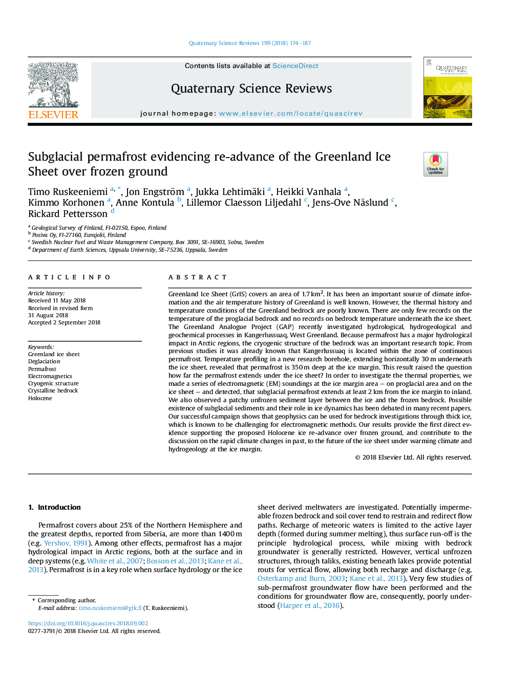 Subglacial permafrost evidencing re-advance of the Greenland Ice Sheet over frozen ground