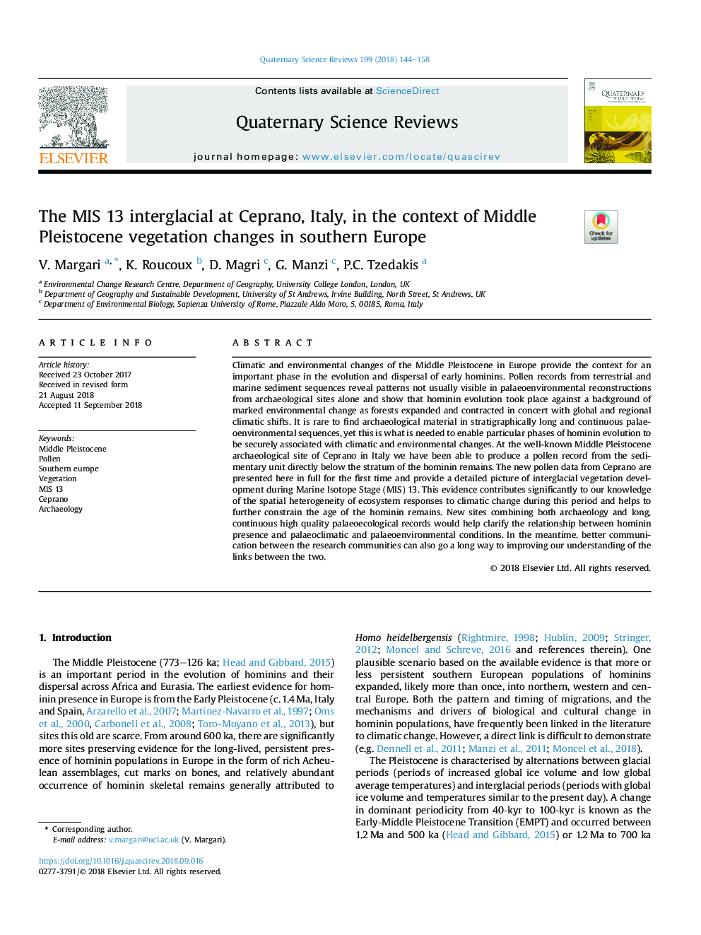 عکس صفحه اول مقاله: The MIS 13 interglacial at Ceprano, Italy, in the context of Middle Pleistocene vegetation changes in southern Europe The MIS 13 interglacial at Ceprano, Italy, in the context of Middle Pleistocene vegetation changes in southern Europe