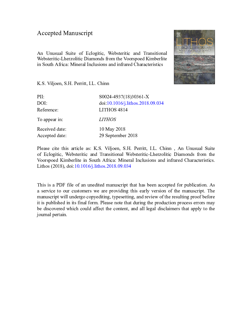 عکس صفحه اول مقاله: An unusual suite of eclogitic, websteritic and transitional websteritic-lherzolitic diamonds from the Voorspoed kimberlite in South Africa: Mineral inclusions and infrared characteristics An unusual suite of eclogitic, websteritic and transitional websteritic-lherzolitic diamonds from the Voorspoed kimberlite in South Africa: Mineral inclusions and infrared characteristics