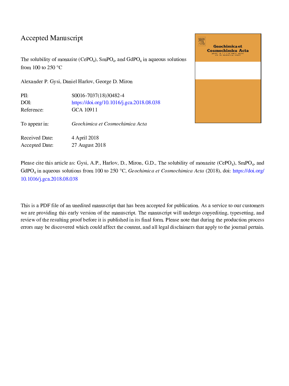 عکس صفحه اول مقاله: The solubility of monazite (CePO4), SmPO4, and GdPO4 in aqueous solutions from 100 to 250â¯Â°C The solubility of monazite (CePO4), SmPO4, and GdPO4 in aqueous solutions from 100 to 250â¯Â°C
