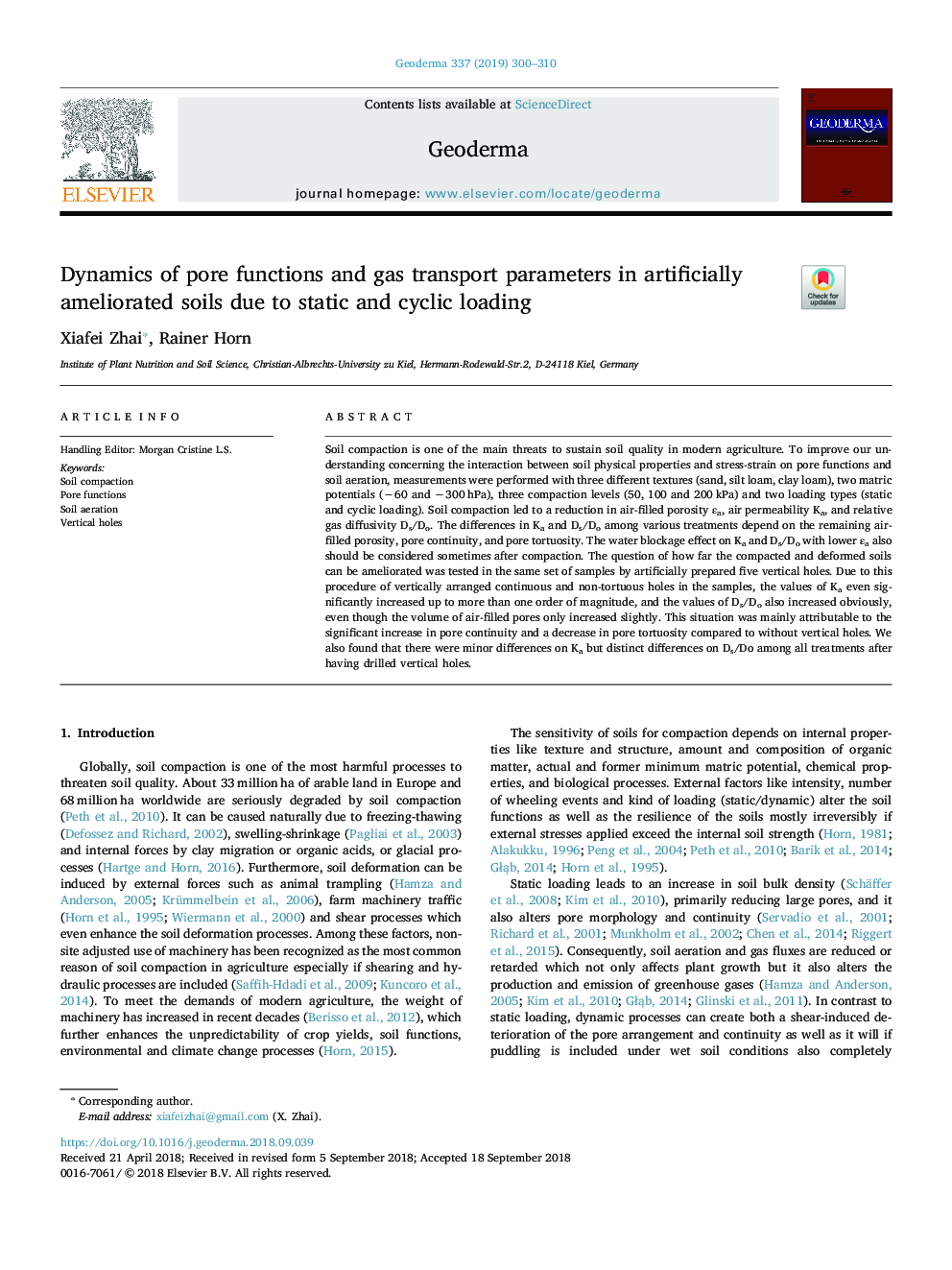 Dynamics of pore functions and gas transport parameters in artificially ameliorated soils due to static and cyclic loading