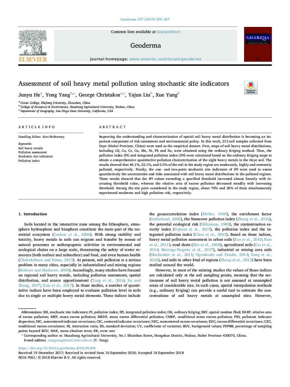 Assessment of soil heavy metal pollution using stochastic site indicators