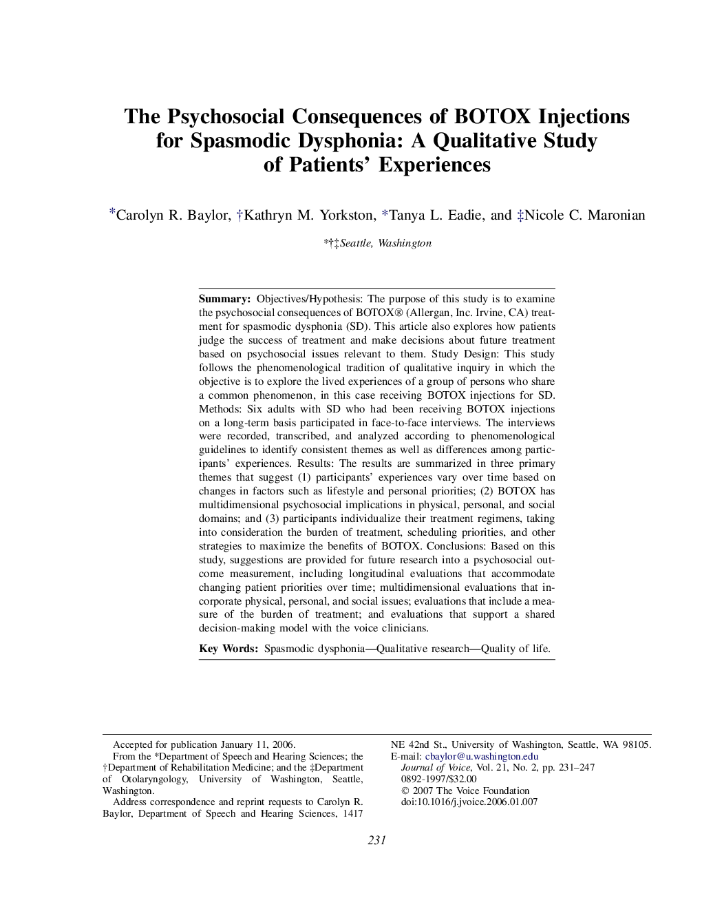 The Psychosocial Consequences of BOTOX Injections for Spasmodic Dysphonia: A Qualitative Study of Patients' Experiences