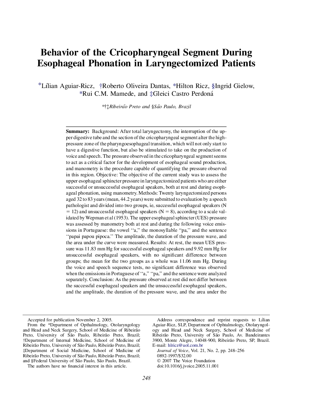 Behavior of the Cricopharyngeal Segment During Esophageal Phonation in Laryngectomized Patients 