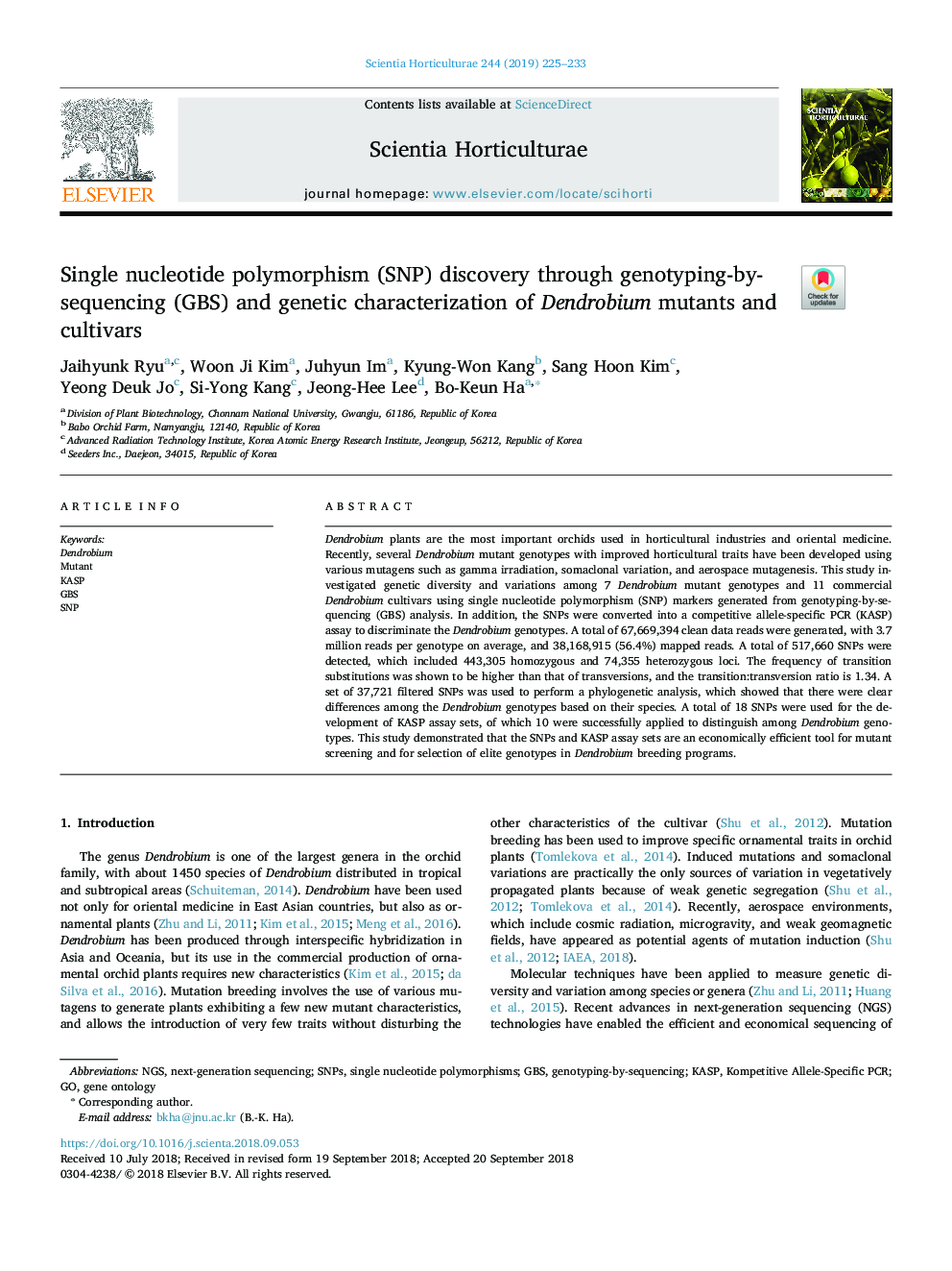 Single nucleotide polymorphism (SNP) discovery through genotyping-by-sequencing (GBS) and genetic characterization of Dendrobium mutants and cultivars