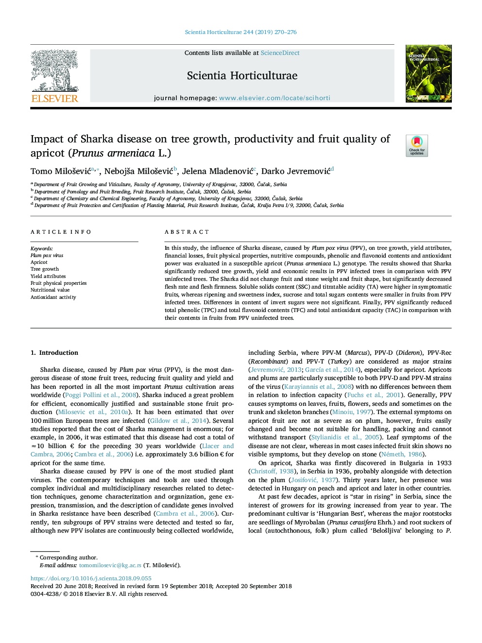 Impact of Sharka disease on tree growth, productivity and fruit quality of apricot (Prunus armeniaca L.)