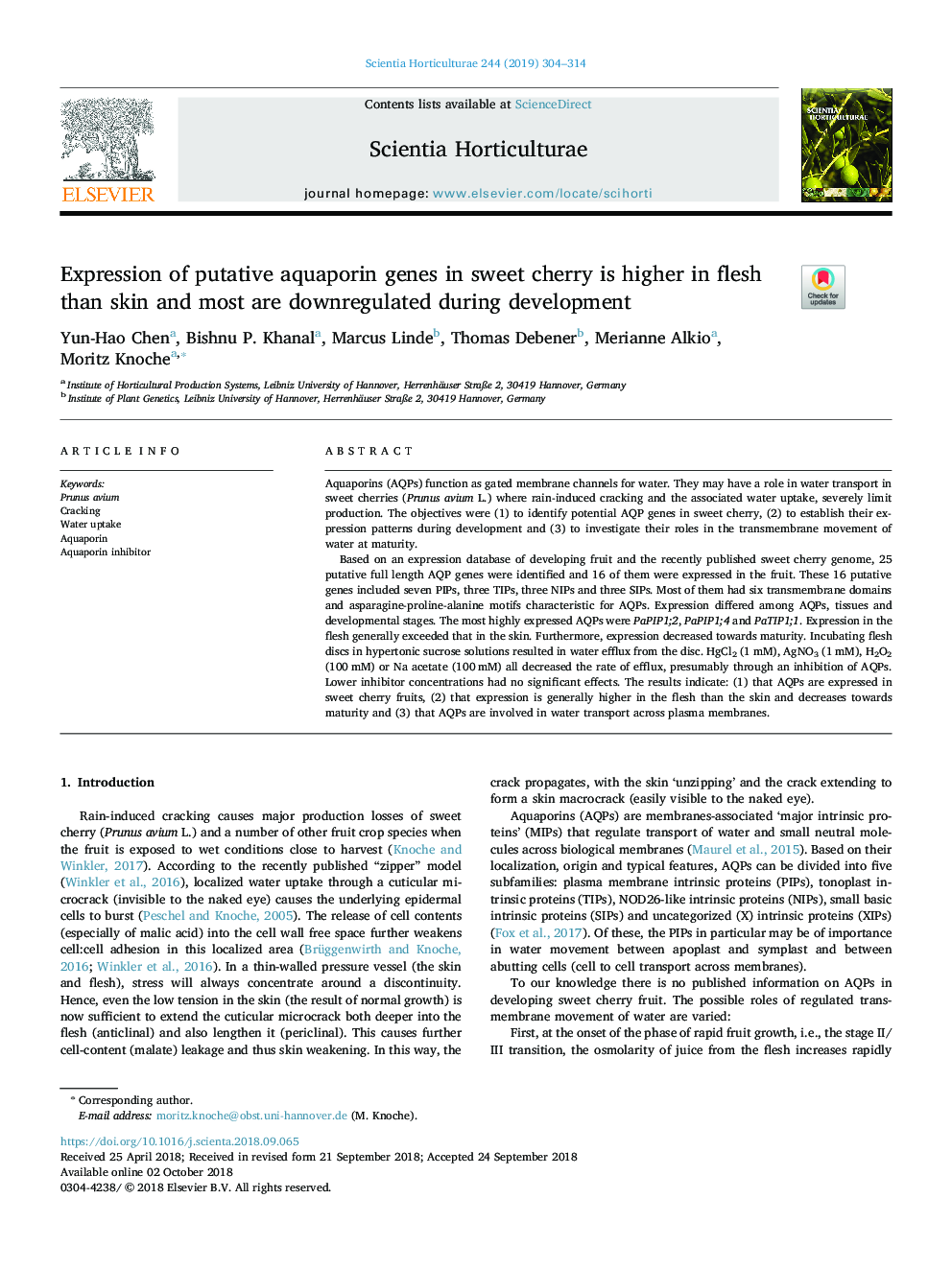 بیان ژن های آکاپورین قابل پیش بینی در گیلاس شیرین در گوشت بیش از پوست بالاتر است و بیشتر آنها در طول توسعه پایدار هستند