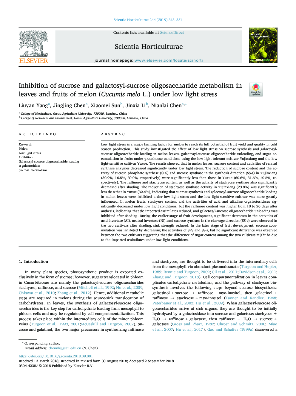 Inhibition of sucrose and galactosyl-sucrose oligosaccharide metabolism in leaves and fruits of melon (Cucumis melo L.) under low light stress
