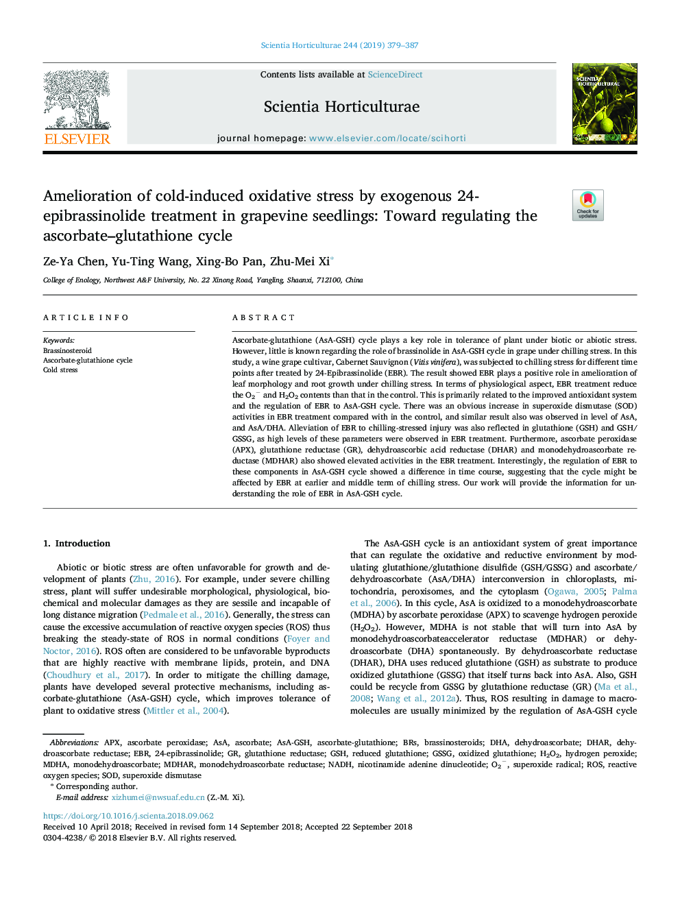 Amelioration of cold-induced oxidative stress by exogenous 24-epibrassinolide treatment in grapevine seedlings: Toward regulating the ascorbate-glutathione cycle