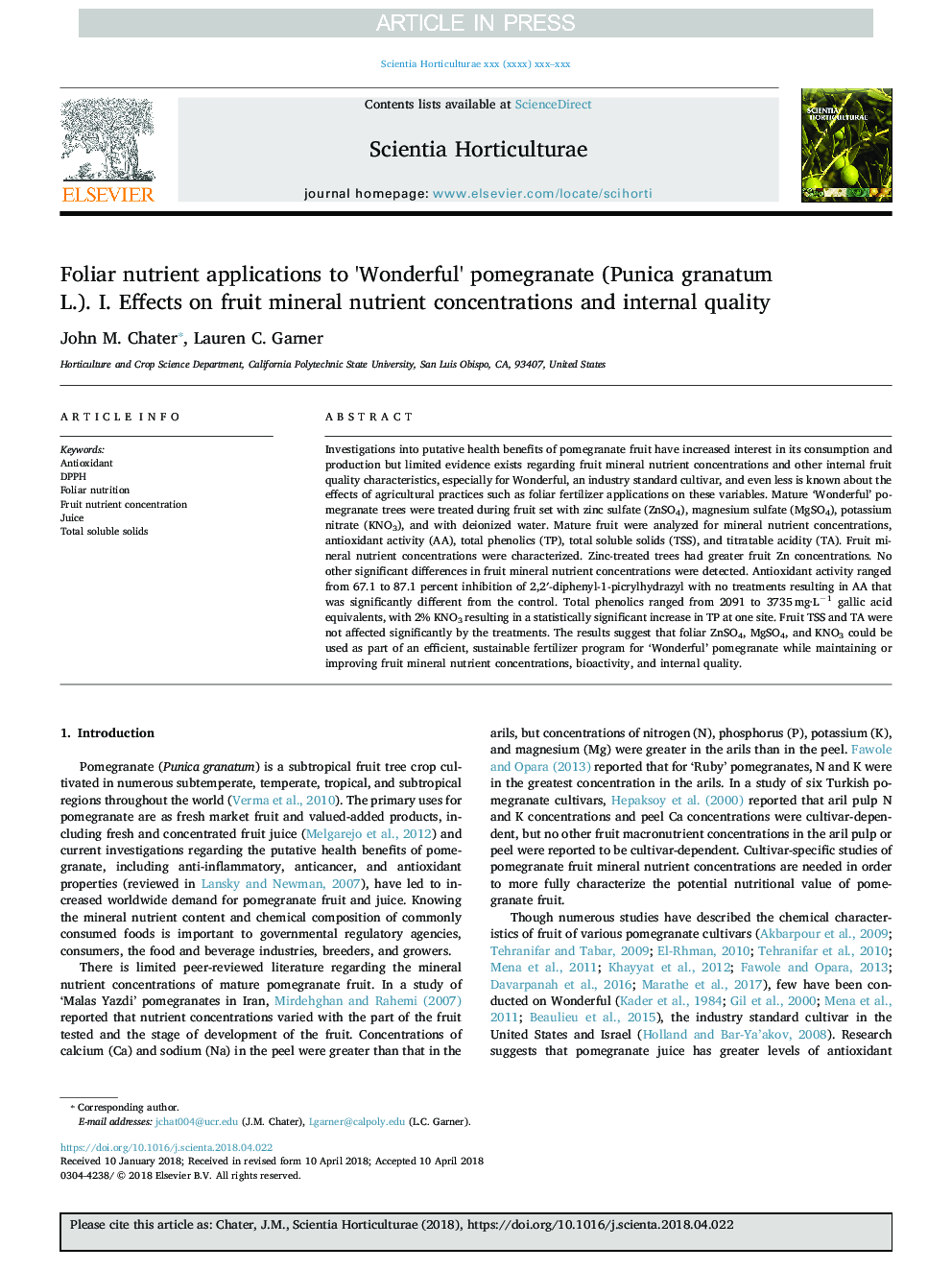 Foliar nutrient applications to 'Wonderful' pomegranate (Punica granatum L.). I. Effects on fruit mineral nutrient concentrations and internal quality