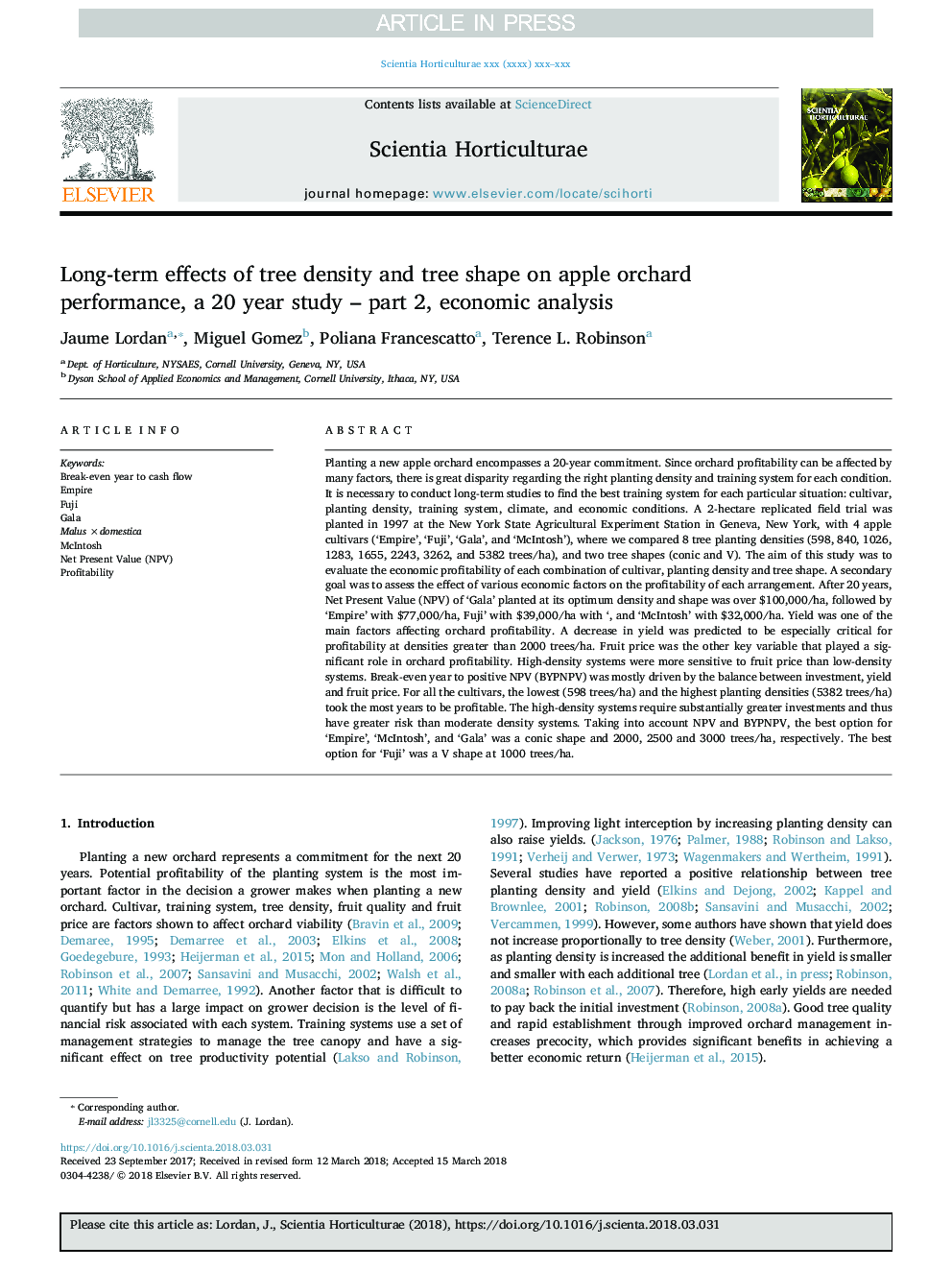 Long-term effects of tree density and tree shape on apple orchard performance, a 20 year study - part 2, economic analysis