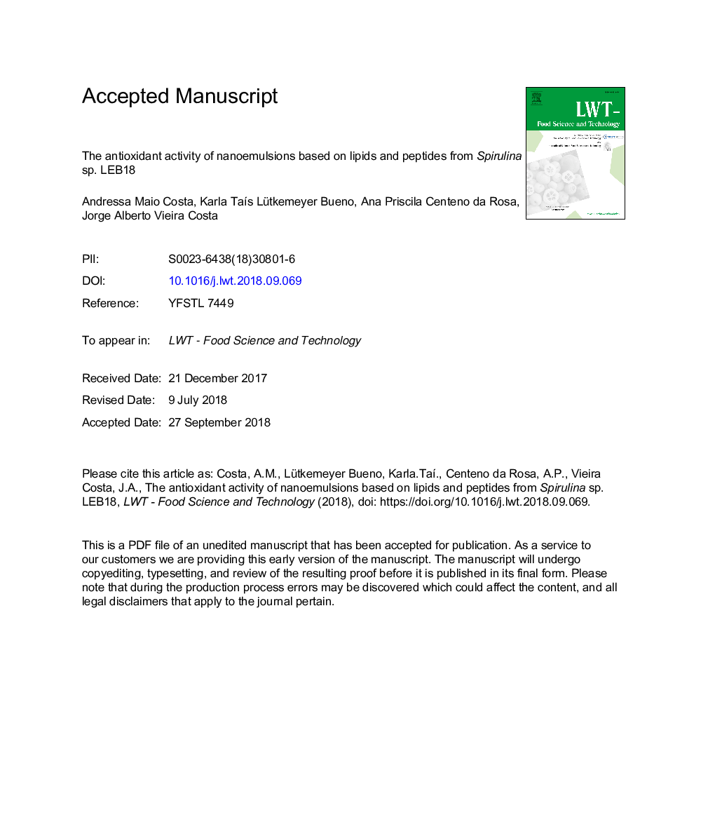 The antioxidant activity of nanoemulsions based on lipids and peptides from Spirulina sp. LEB18