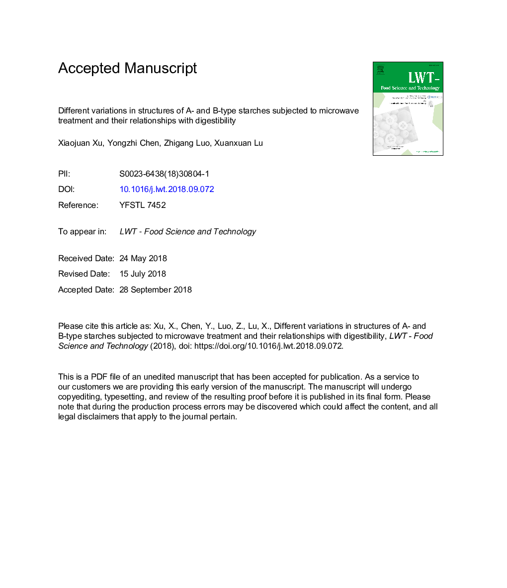 Different variations in structures of A- and B-type starches subjected to microwave treatment and their relationships with digestibility