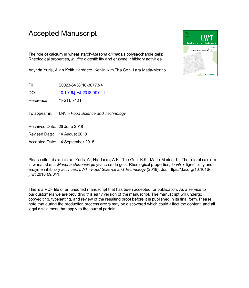 The role of calcium in wheat starch-Mesona chinensis polysaccharide gels: Rheological properties, in vitro digestibility and enzyme inhibitory activities