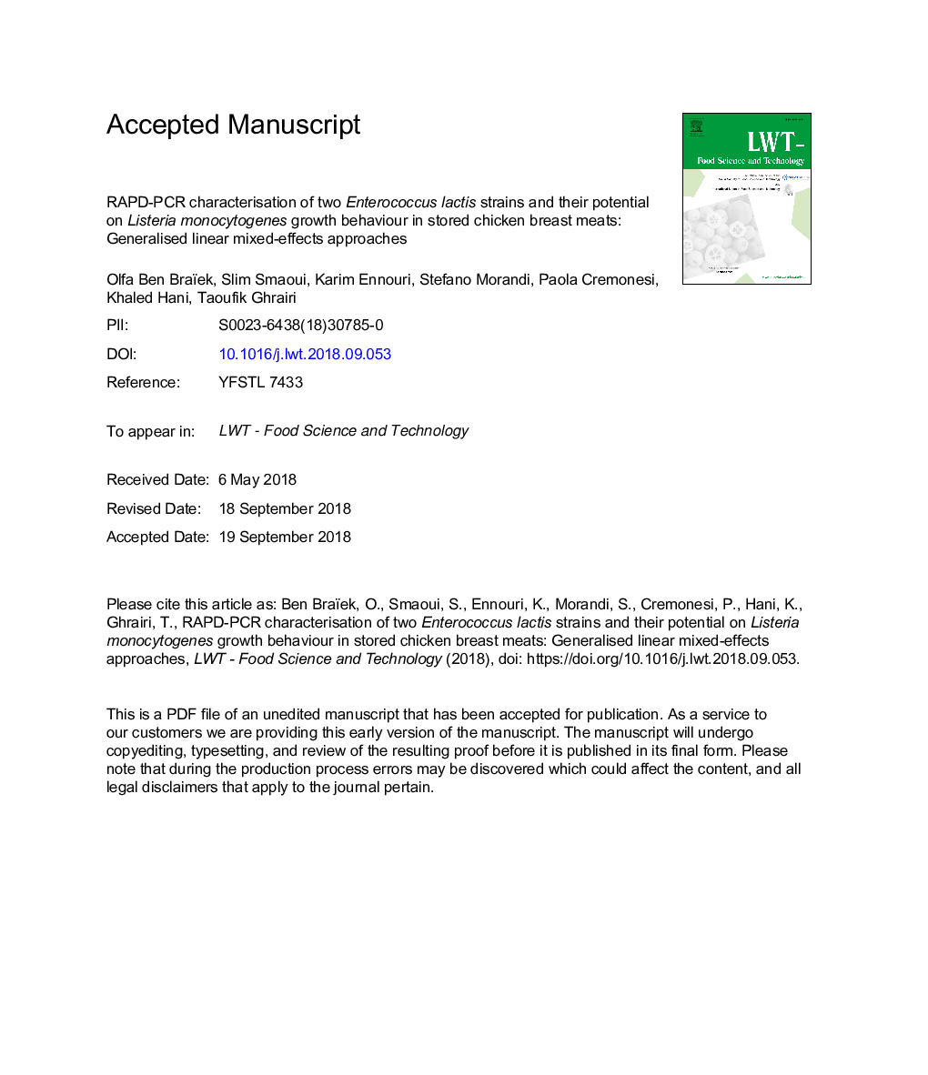 RAPD-PCR characterisation of two Enterococcus lactis strains and their potential on Listeria monocytogenes growth behaviour in stored chicken breast meats: Generalised linear mixed-effects approaches