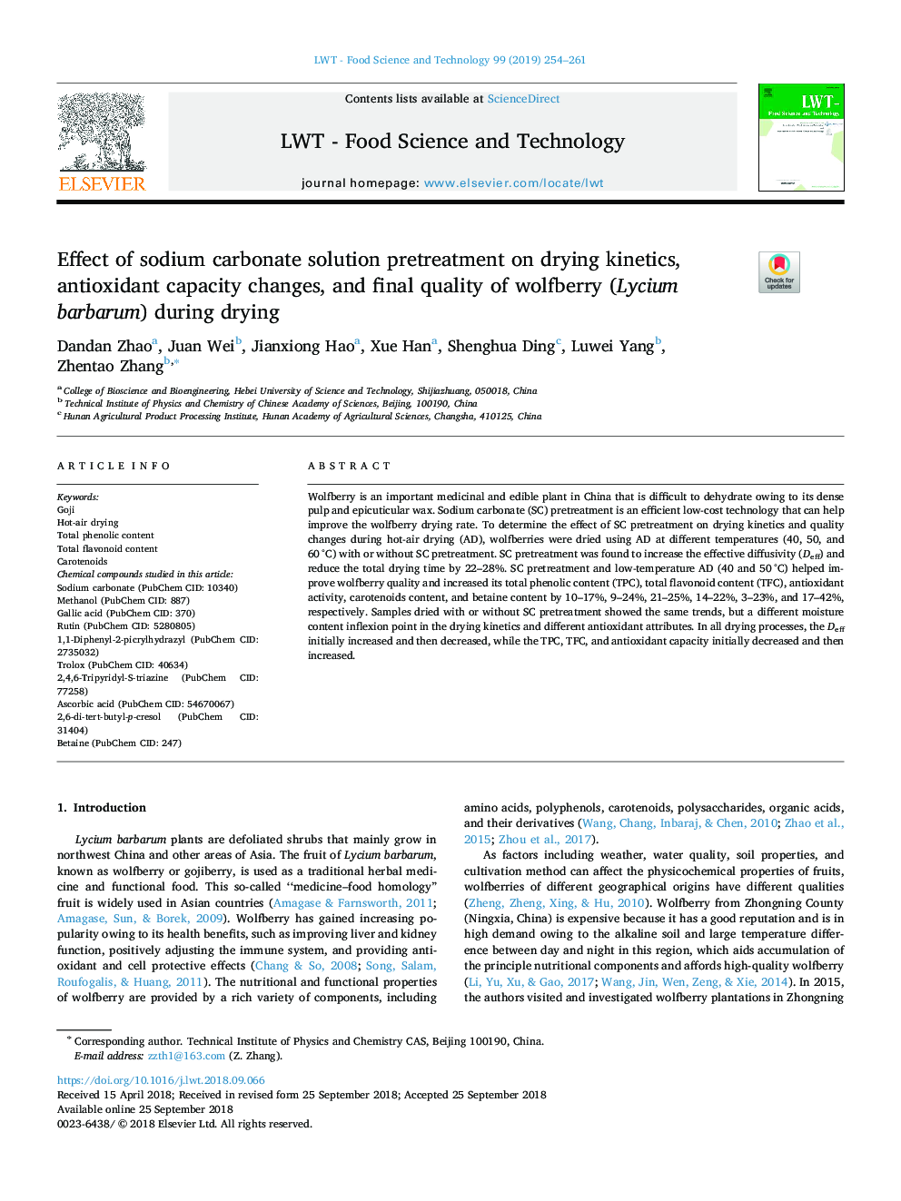 Effect of sodium carbonate solution pretreatment on drying kinetics, antioxidant capacity changes, and final quality of wolfberry (Lycium barbarum) during drying