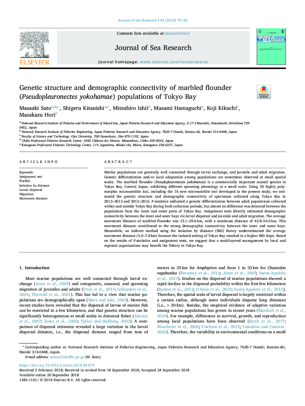 Genetic structure and demographic connectivity of marbled flounder (Pseudopleuronectes yokohamae) populations of Tokyo Bay