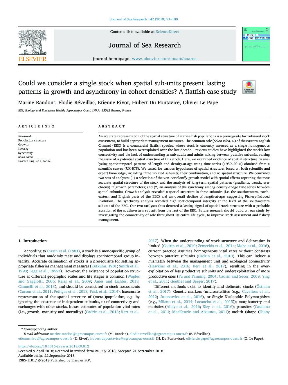 Could we consider a single stock when spatial sub-units present lasting patterns in growth and asynchrony in cohort densities? A flatfish case study