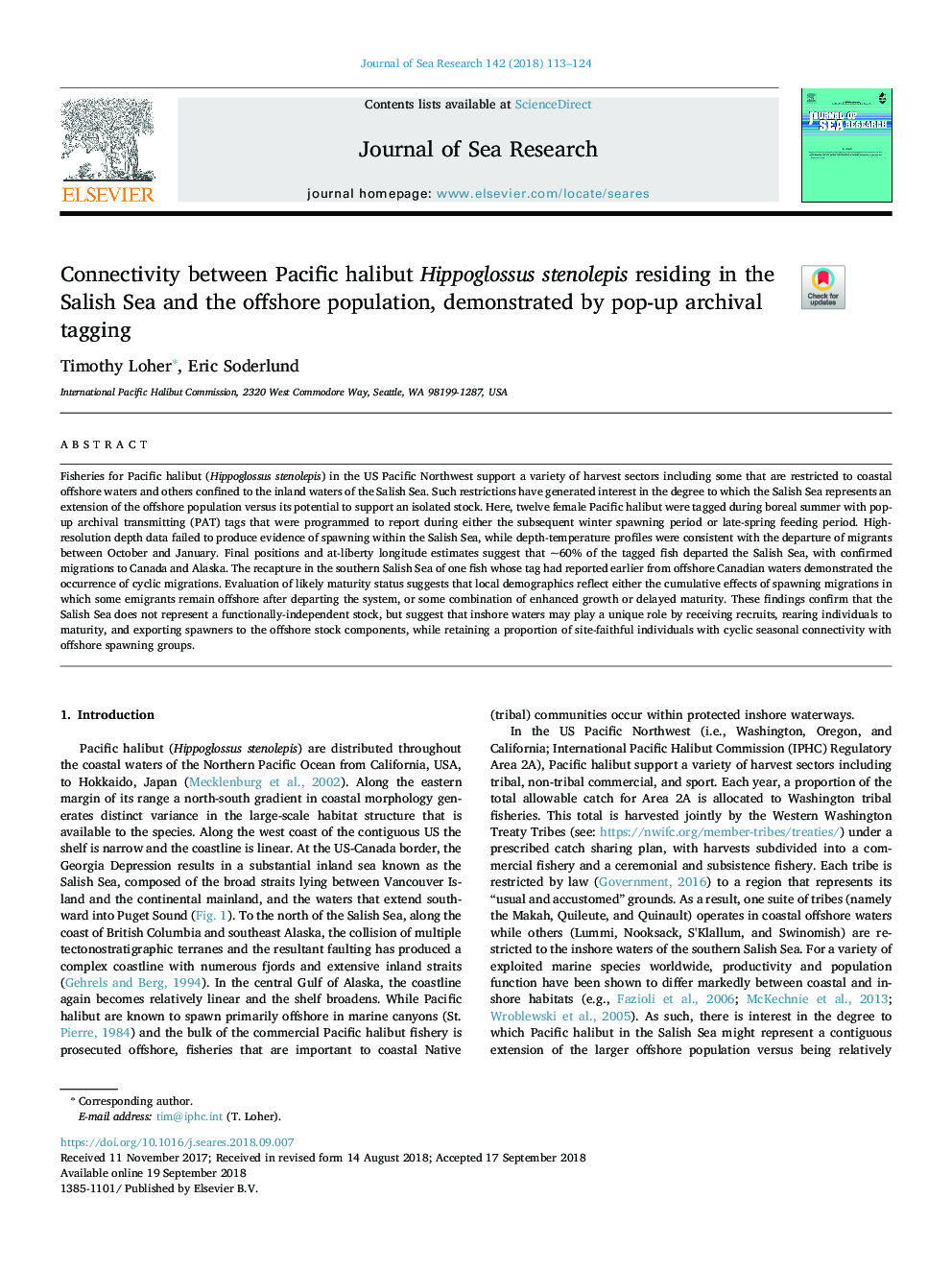 Connectivity between Pacific halibut Hippoglossus stenolepis residing in the Salish Sea and the offshore population, demonstrated by pop-up archival tagging