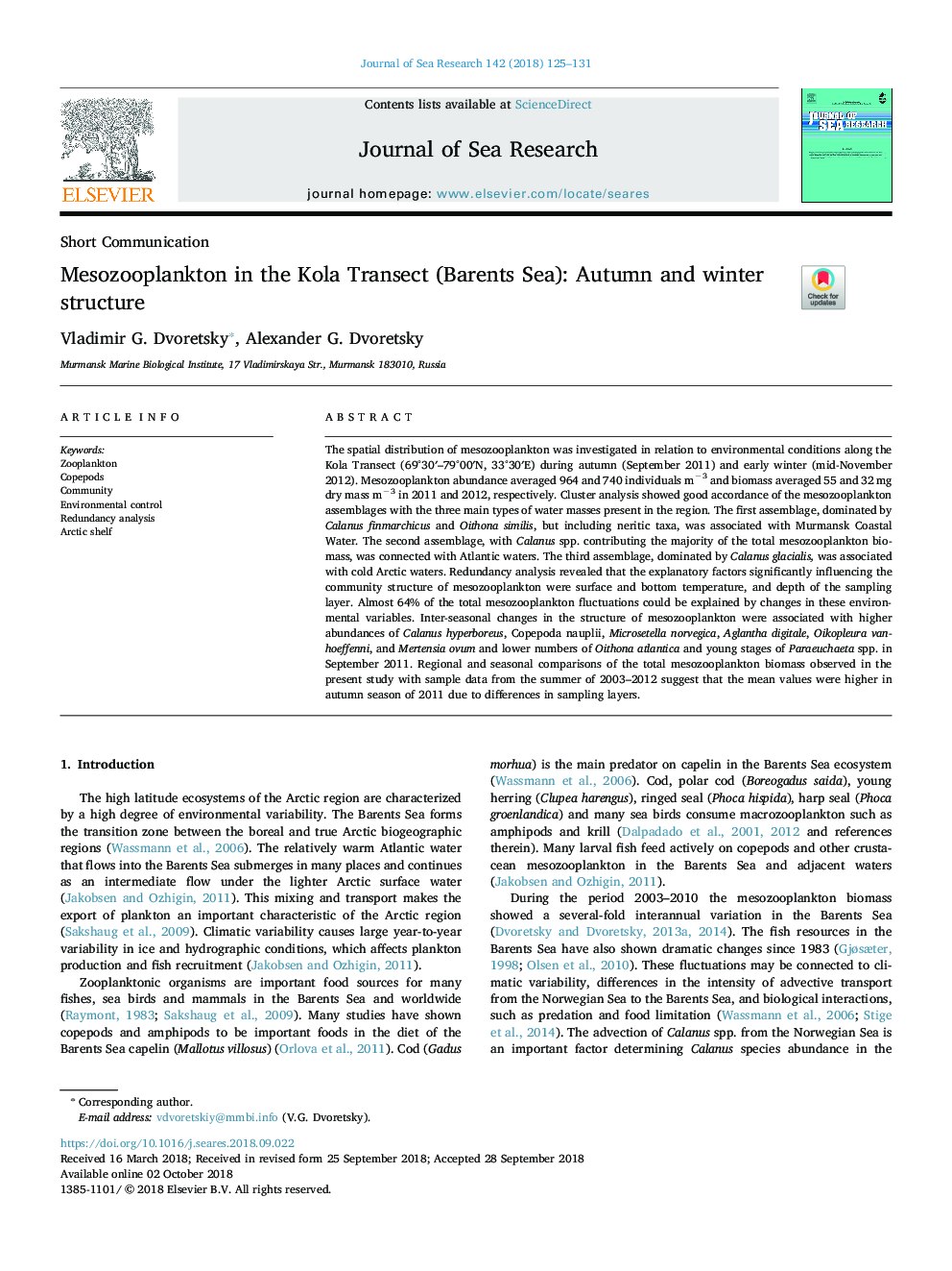 Mesozooplankton in the Kola Transect (Barents Sea): Autumn and winter structure