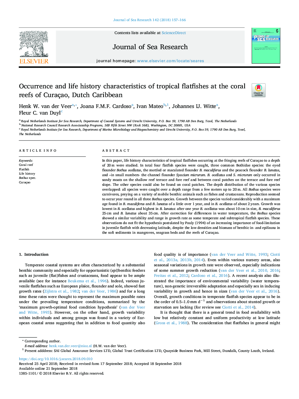 Occurrence and life history characteristics of tropical flatfishes at the coral reefs of Curaçao, Dutch Caribbean