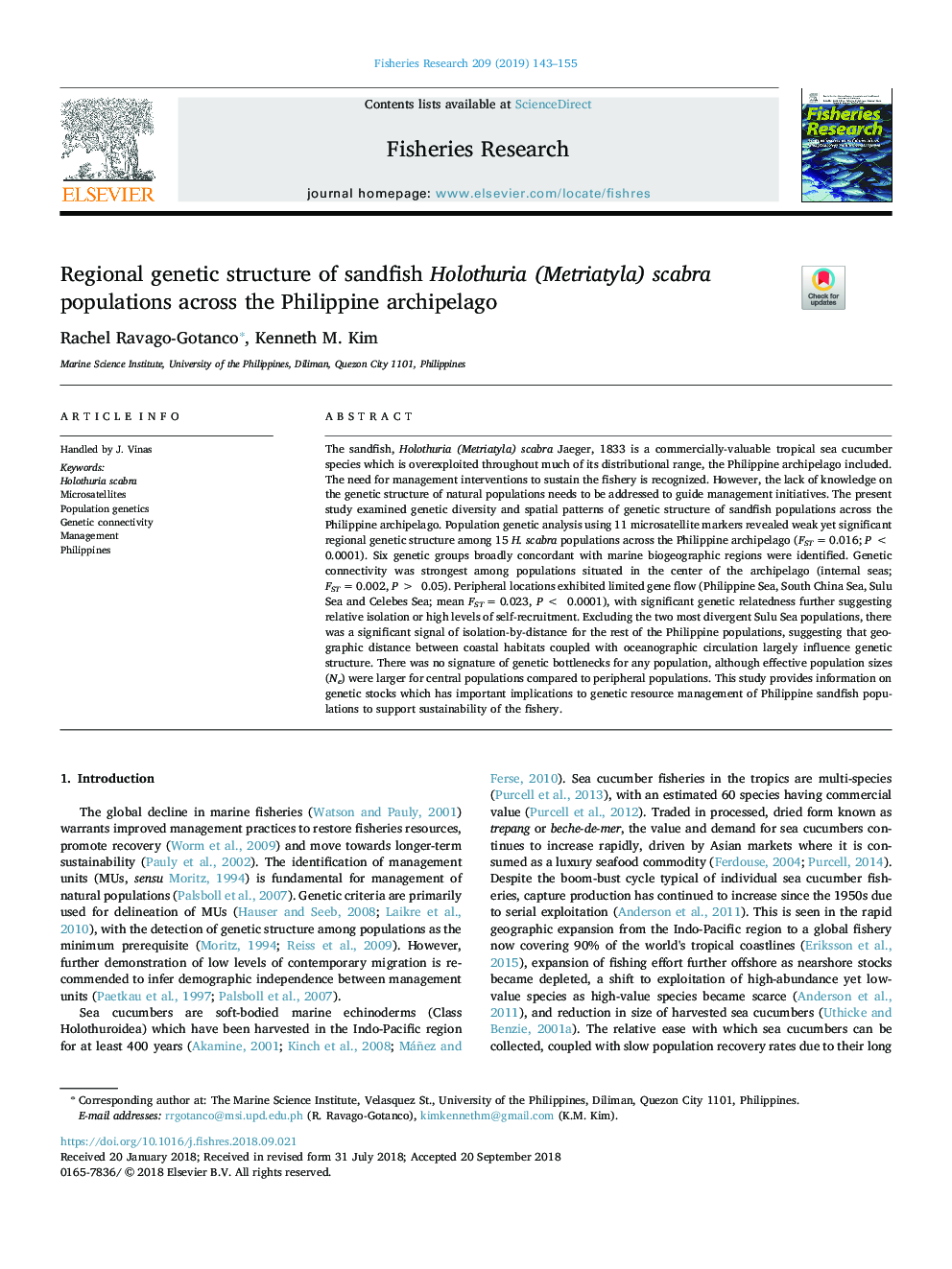 Regional genetic structure of sandfish Holothuria (Metriatyla) scabra populations across the Philippine archipelago