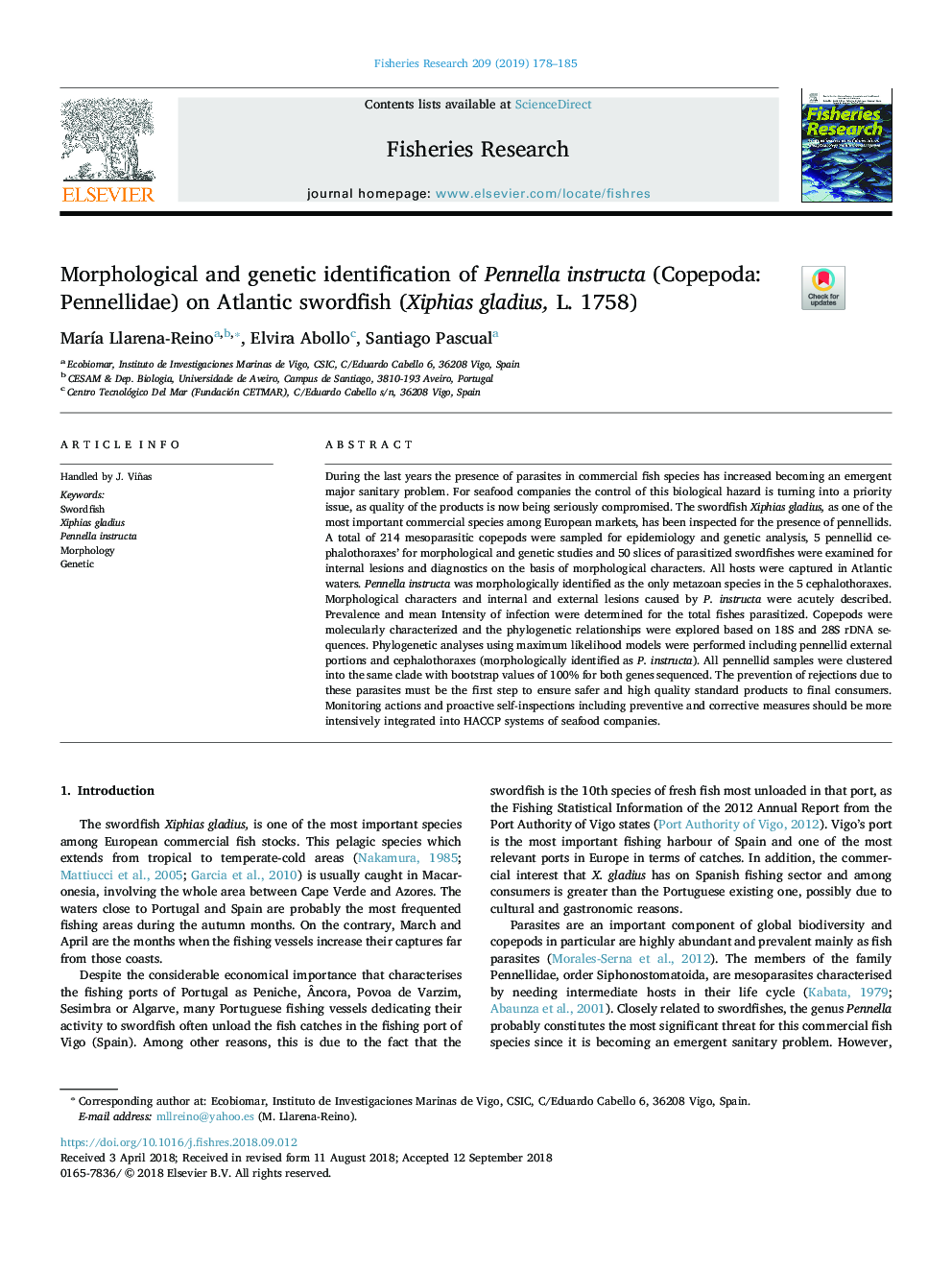 Morphological and genetic identification of Pennella instructa (Copepoda: Pennellidae) on Atlantic swordfish (Xiphias gladius, L. 1758)