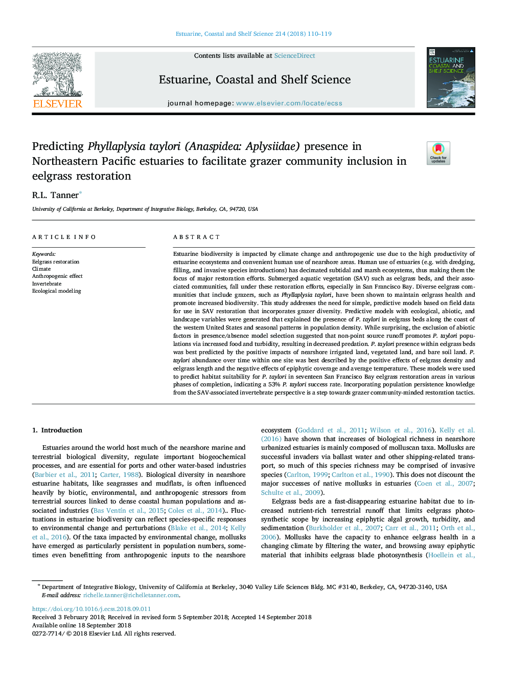 Predicting Phyllaplysia taylori (Anaspidea: Aplysiidae) presence in Northeastern Pacific estuaries to facilitate grazer community inclusion in eelgrass restoration