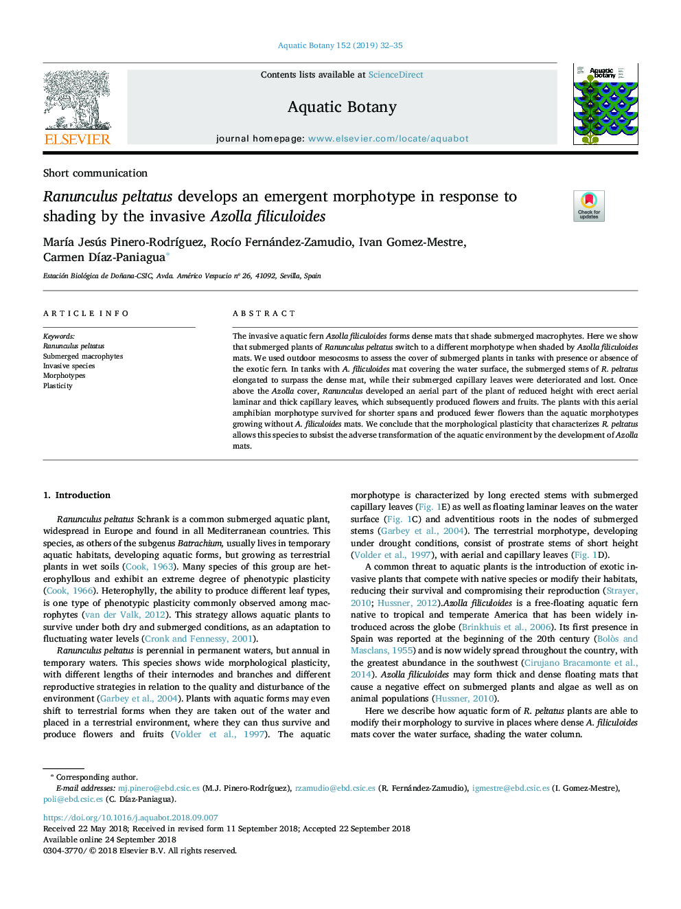 Ranunculus peltatus develops an emergent morphotype in response to shading by the invasive Azolla filiculoides