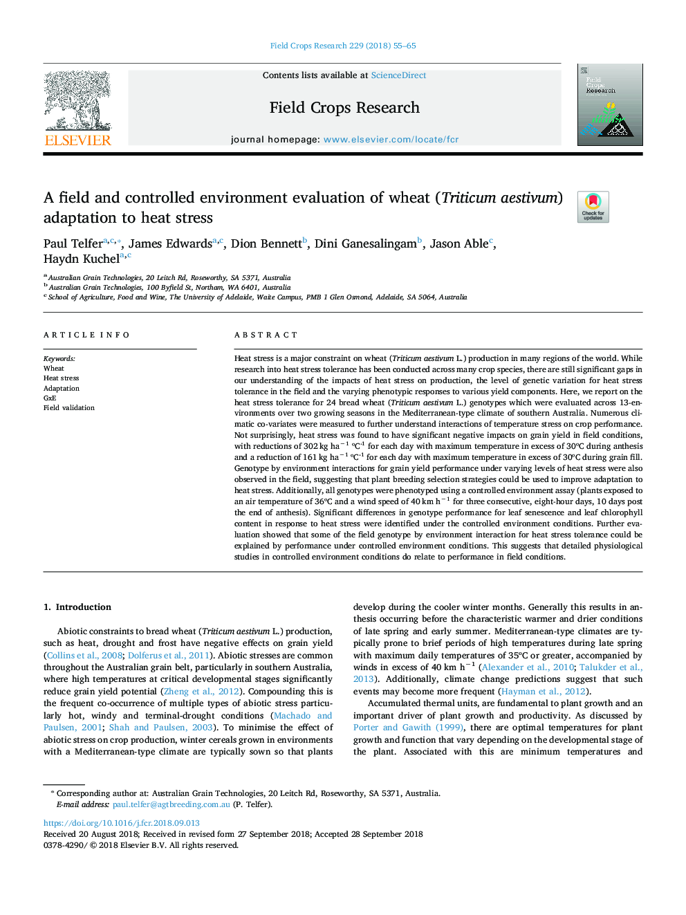 A field and controlled environment evaluation of wheat (Triticum aestivum) adaptation to heat stress