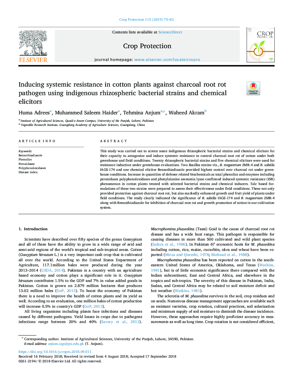 Inducing systemic resistance in cotton plants against charcoal root rot pathogen using indigenous rhizospheric bacterial strains and chemical elicitors