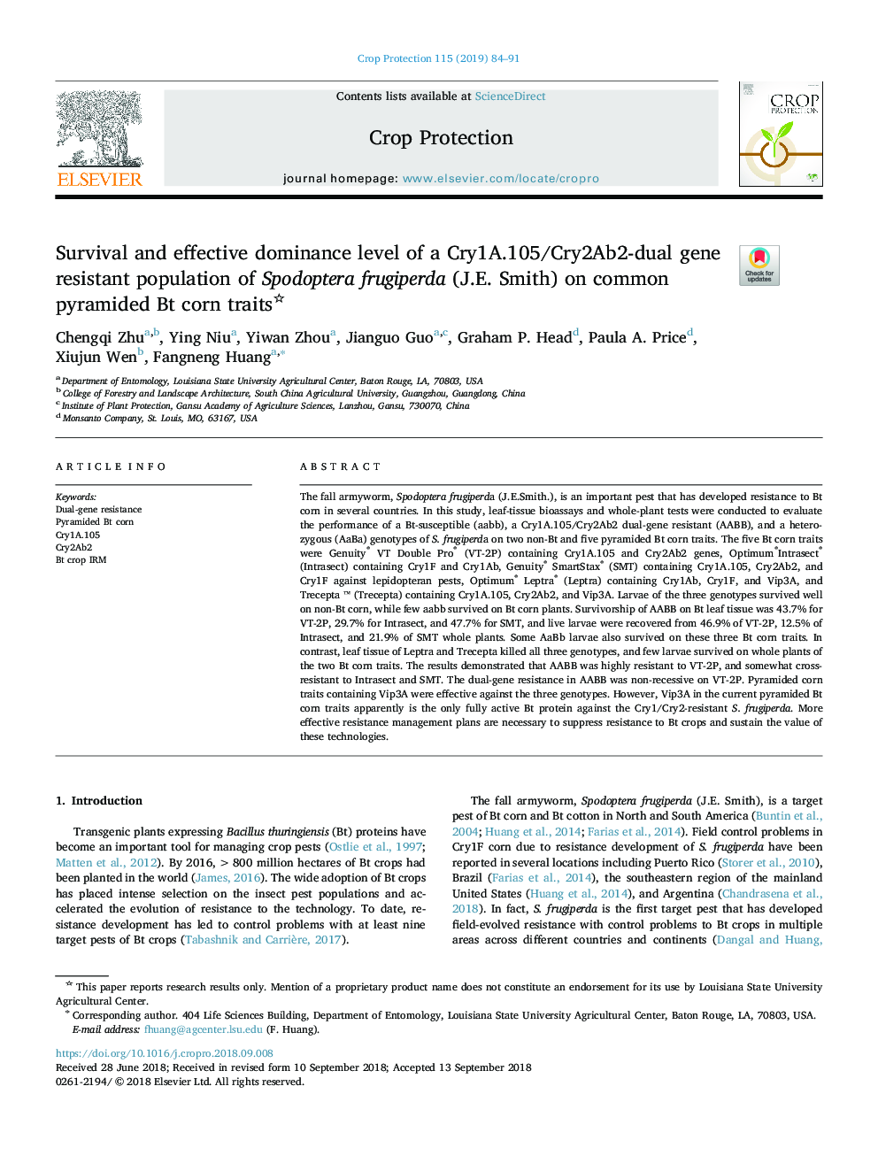 Survival and effective dominance level of a Cry1A.105/Cry2Ab2-dual gene resistant population of Spodoptera frugiperda (J.E. Smith) on common pyramided Bt corn traits