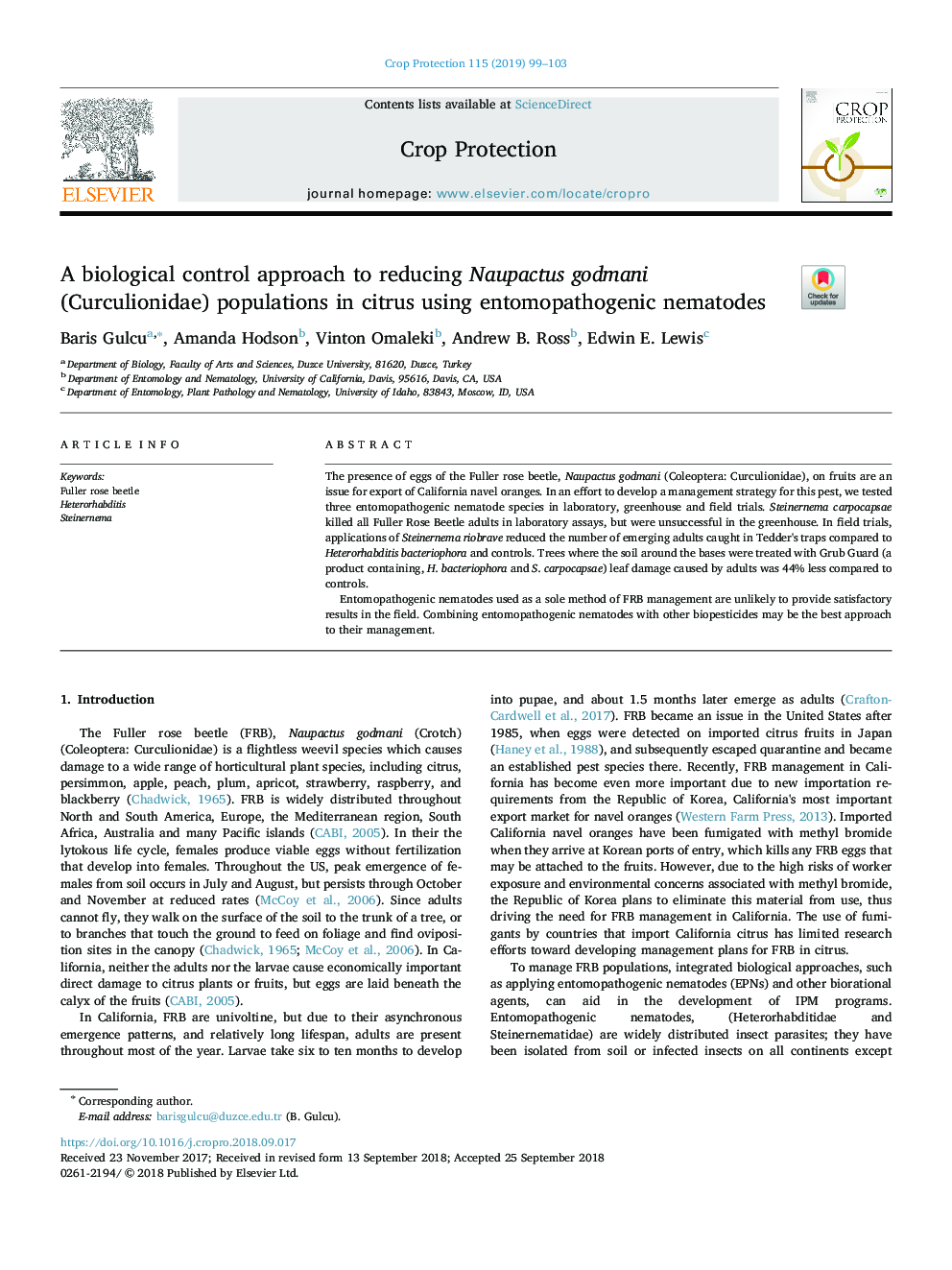 A biological control approach to reducing Naupactus godmani (Curculionidae) populations in citrus using entomopathogenic nematodes