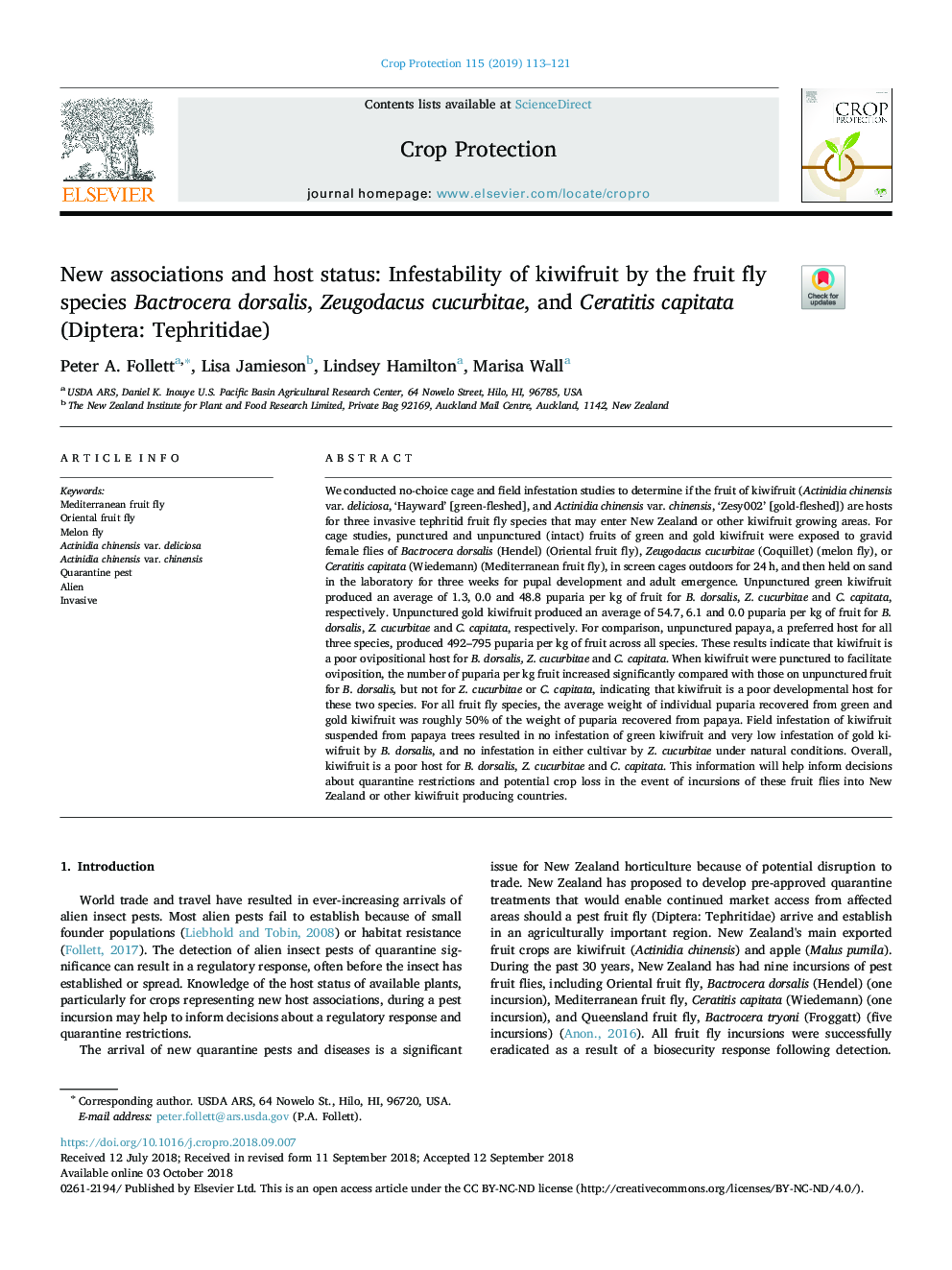 New associations and host status: Infestability of kiwifruit by the fruit fly species Bactrocera dorsalis, Zeugodacus cucurbitae, and Ceratitis capitata (Diptera: Tephritidae)