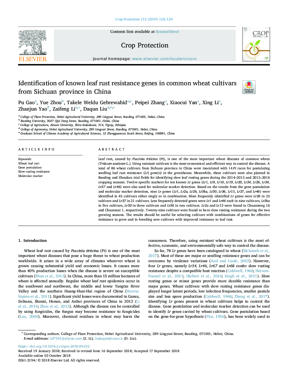 Identification of known leaf rust resistance genes in common wheat cultivars from Sichuan province in China