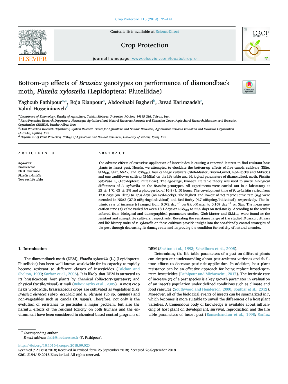 Bottom-up effects of Brassica genotypes on performance of diamondback moth, Plutella xylostella (Lepidoptera: Plutellidae)