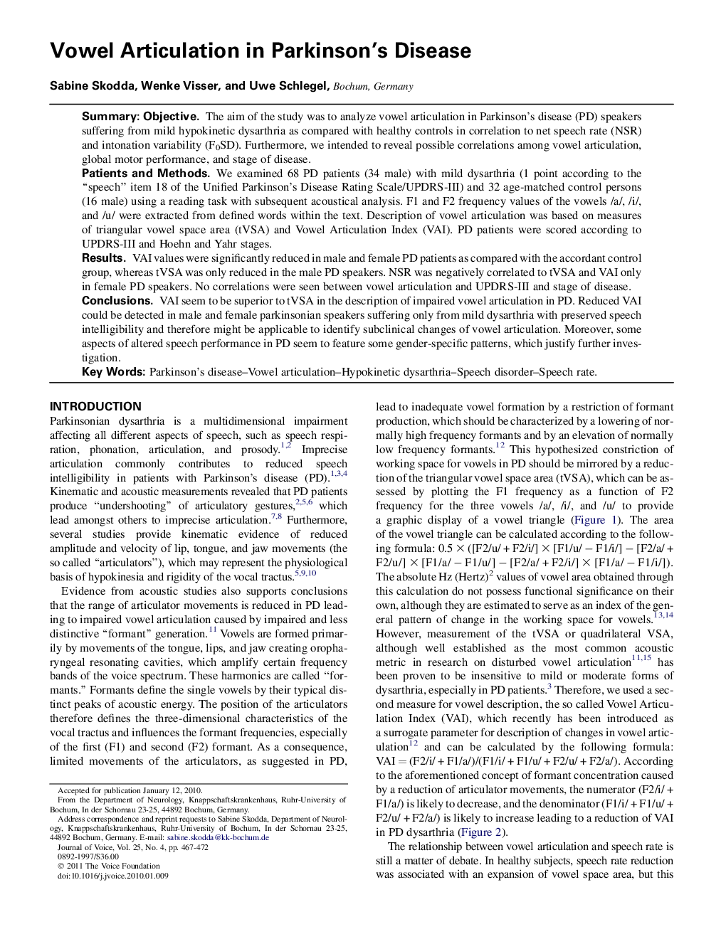 Vowel Articulation in Parkinson's Disease