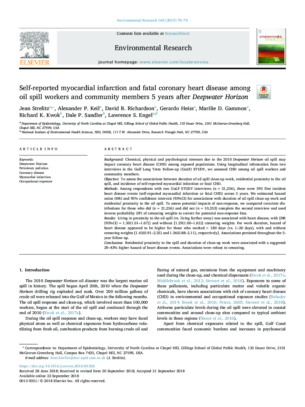 Self-reported myocardial infarction and fatal coronary heart disease among oil spill workers and community members 5 years after Deepwater Horizon