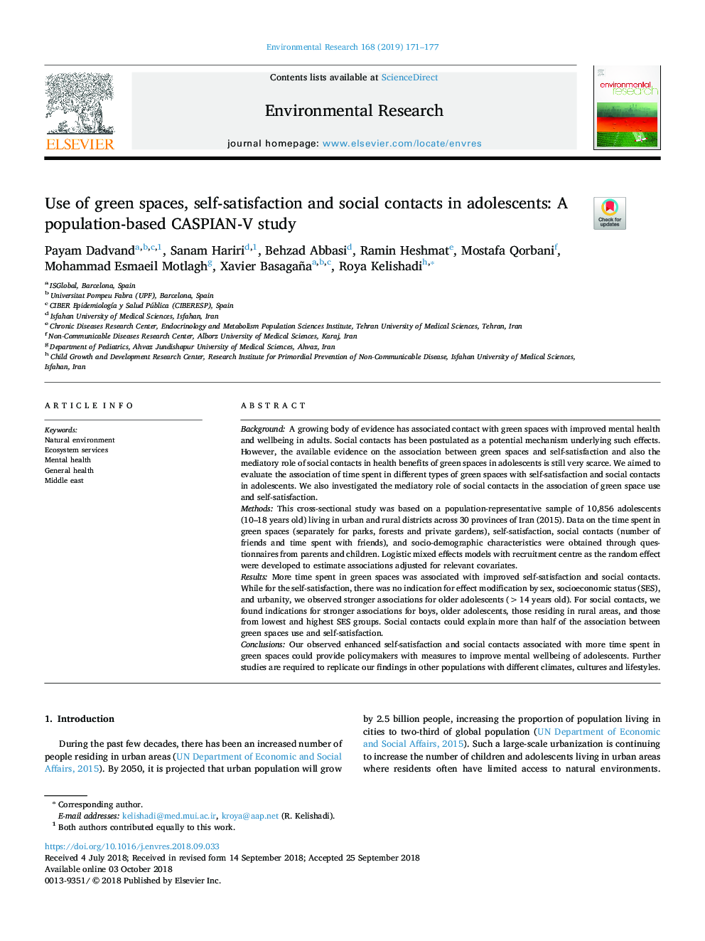 Use of green spaces, self-satisfaction and social contacts in adolescents: A population-based CASPIAN-V study