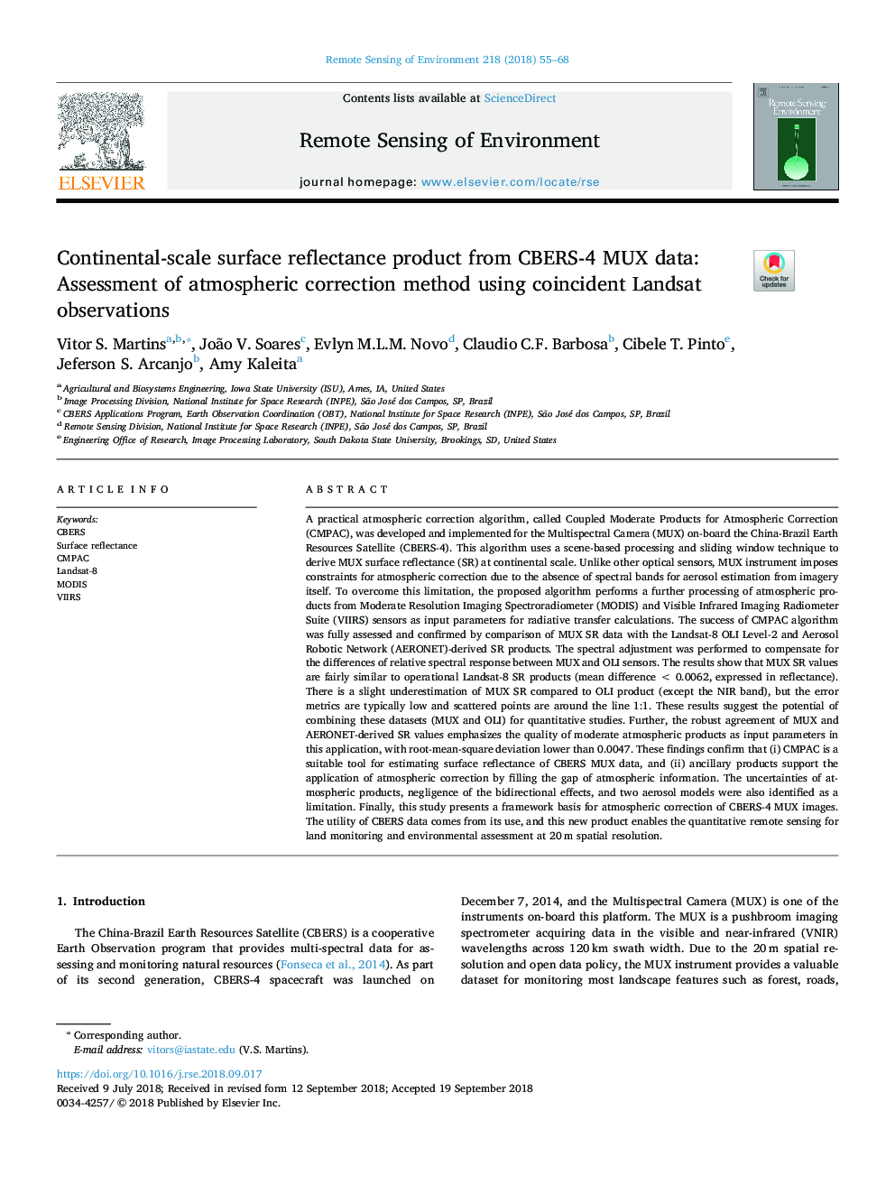 Continental-scale surface reflectance product from CBERS-4 MUX data: Assessment of atmospheric correction method using coincident Landsat observations
