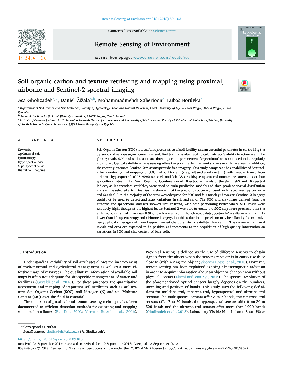 Soil organic carbon and texture retrieving and mapping using proximal, airborne and Sentinel-2 spectral imaging