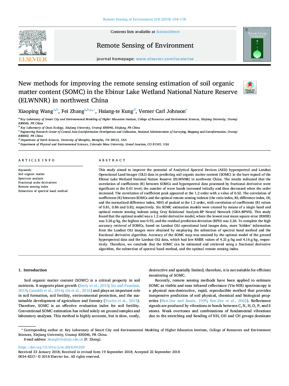 New methods for improving the remote sensing estimation of soil organic matter content (SOMC) in the Ebinur Lake Wetland National Nature Reserve (ELWNNR) in northwest China