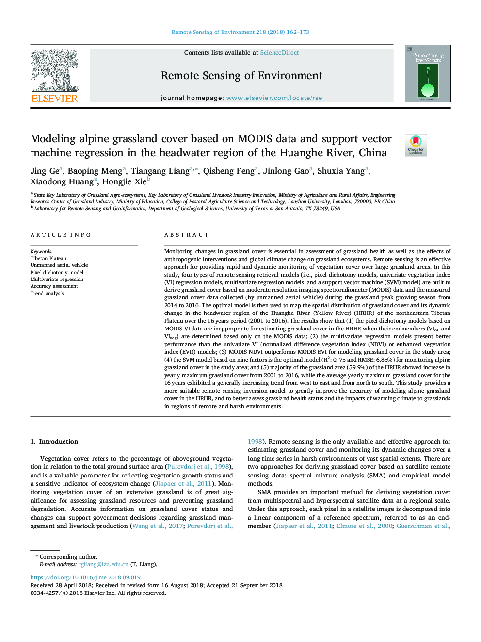 Modeling alpine grassland cover based on MODIS data and support vector machine regression in the headwater region of the Huanghe River, China