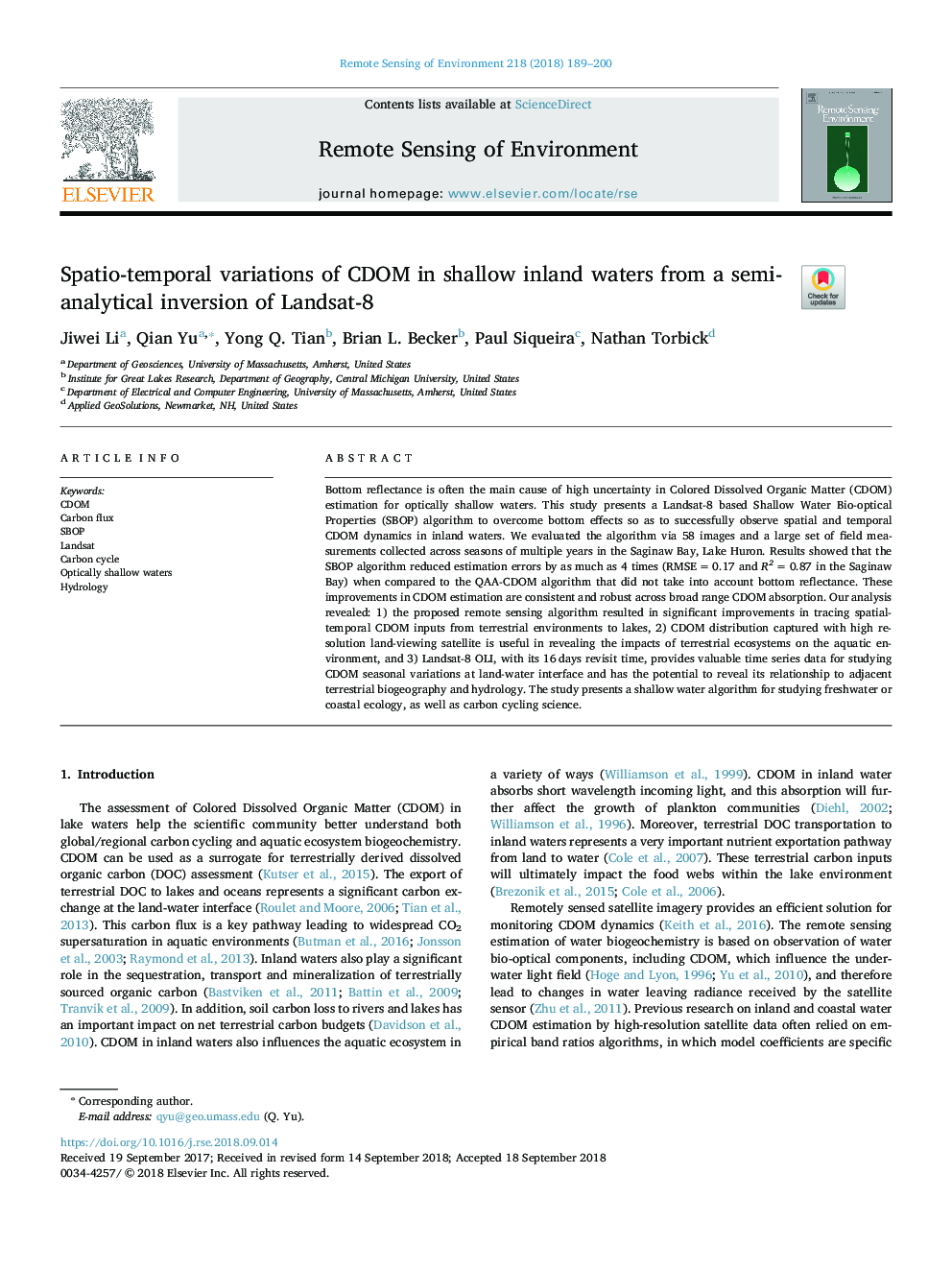 Spatio-temporal variations of CDOM in shallow inland waters from a semi-analytical inversion of Landsat-8