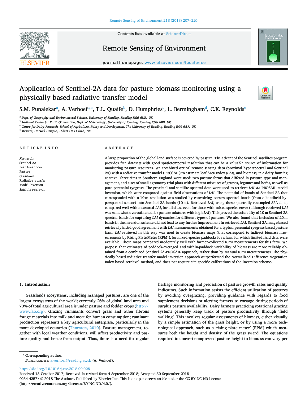 Application of Sentinel-2A data for pasture biomass monitoring using a physically based radiative transfer model