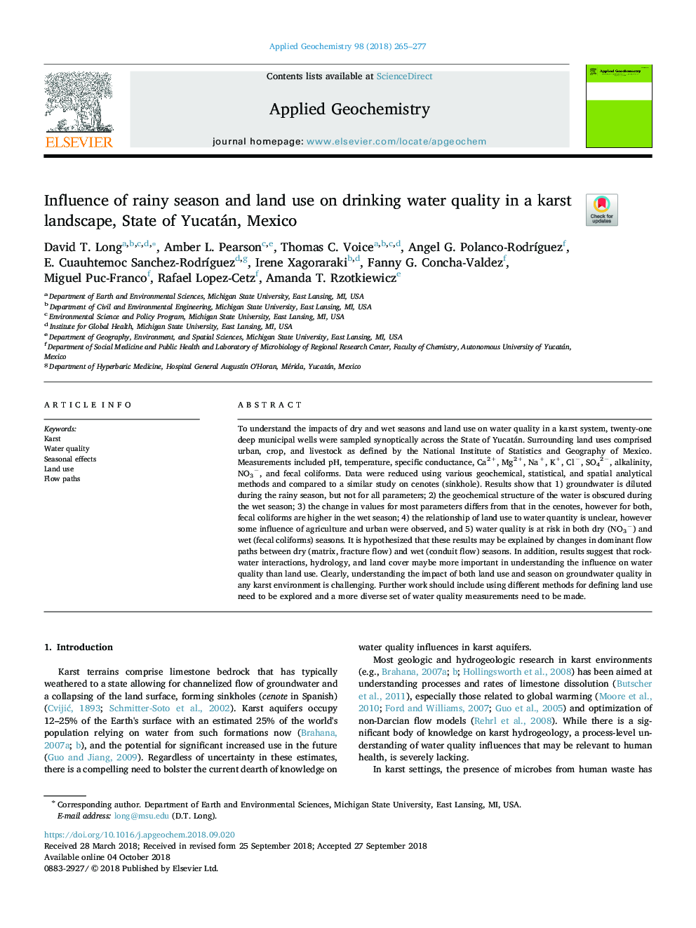 Influence of rainy season and land use on drinking water quality in a karst landscape, State of Yucatán, Mexico