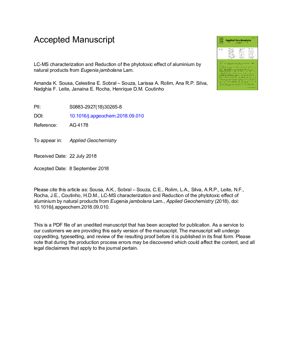 LC-MS characterization and reduction of the phytotoxic effect of aluminium by natural products from Eugenia jambolana Lam.