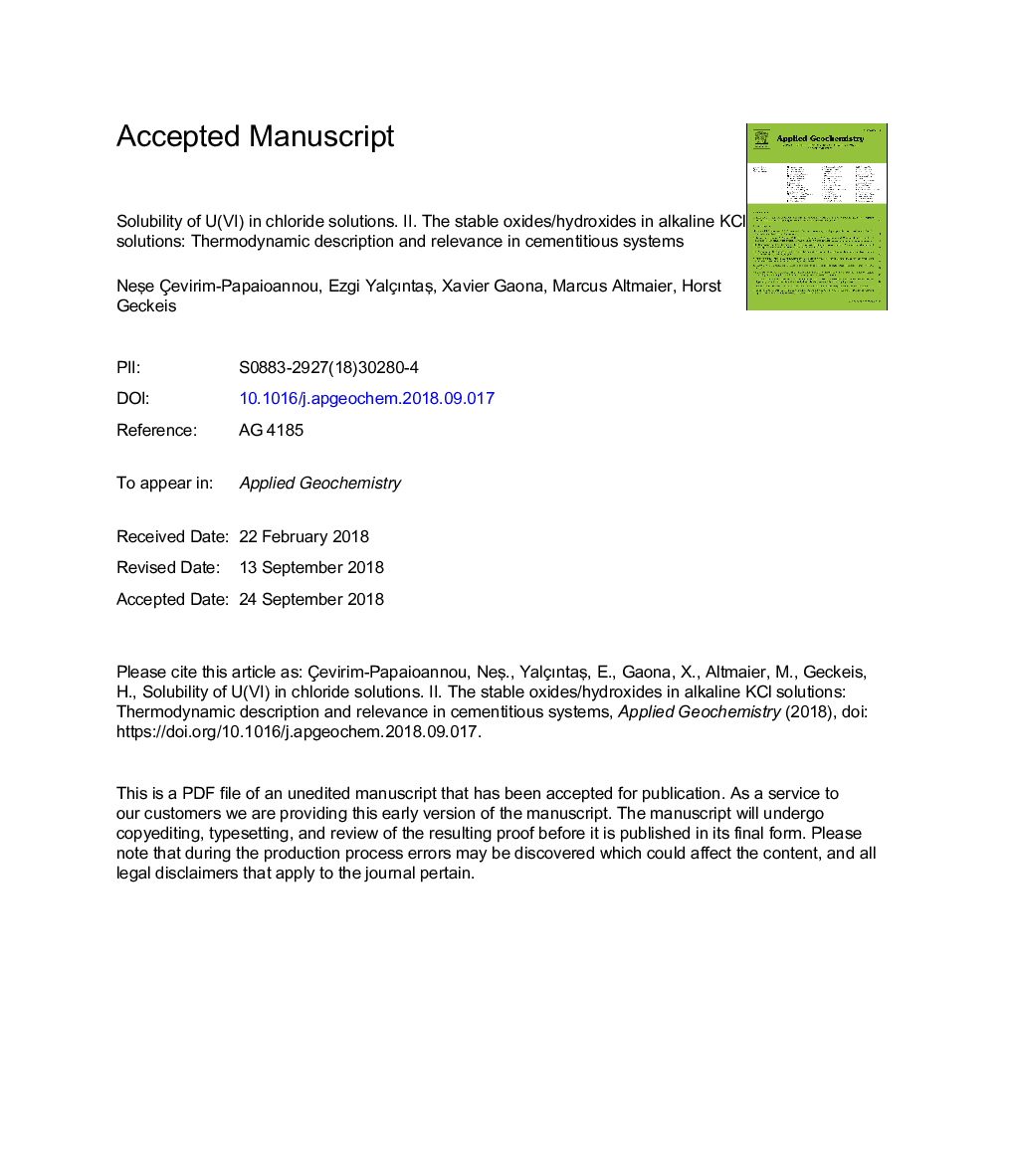 Solubility of U(VI) in chloride solutions. II. The stable oxides/hydroxides in alkaline KCl solutions: Thermodynamic description and relevance in cementitious systems