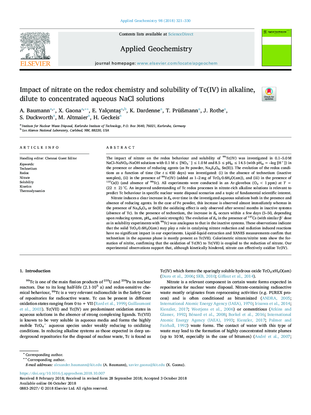 Impact of nitrate on the redox chemistry and solubility of Tc(IV) in alkaline, dilute to concentrated aqueous NaCl solutions